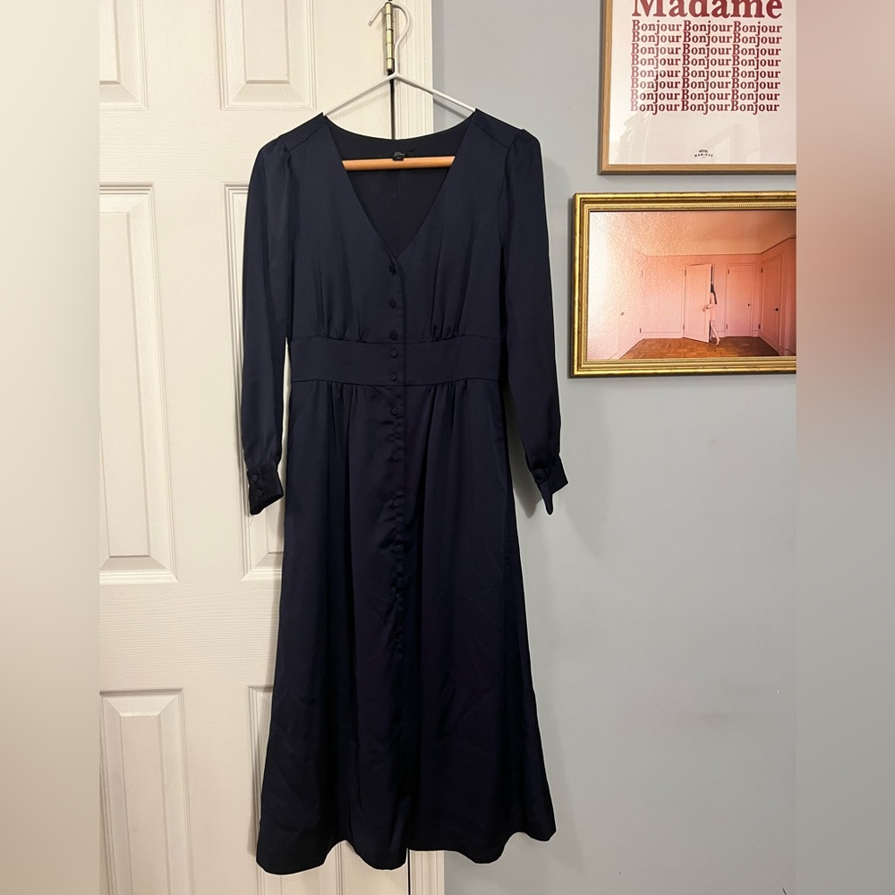 J. Crew Button Front A-Line Midi Dress, Navy!